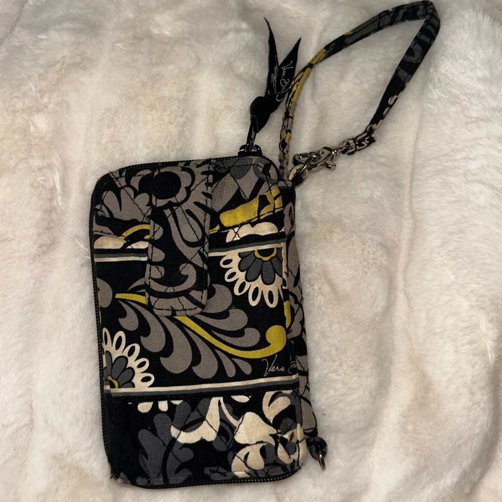 Vera Bradley Black and Cream Floral Wristlet with Yellow Accents